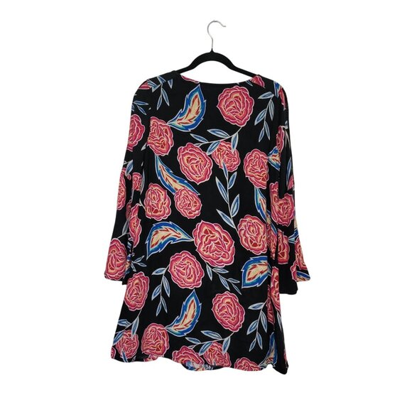 Roxy Bell Sleeve Floral Print Shift Dress-M Boho Sheer Net Lace Inset - Picture 2 of 12